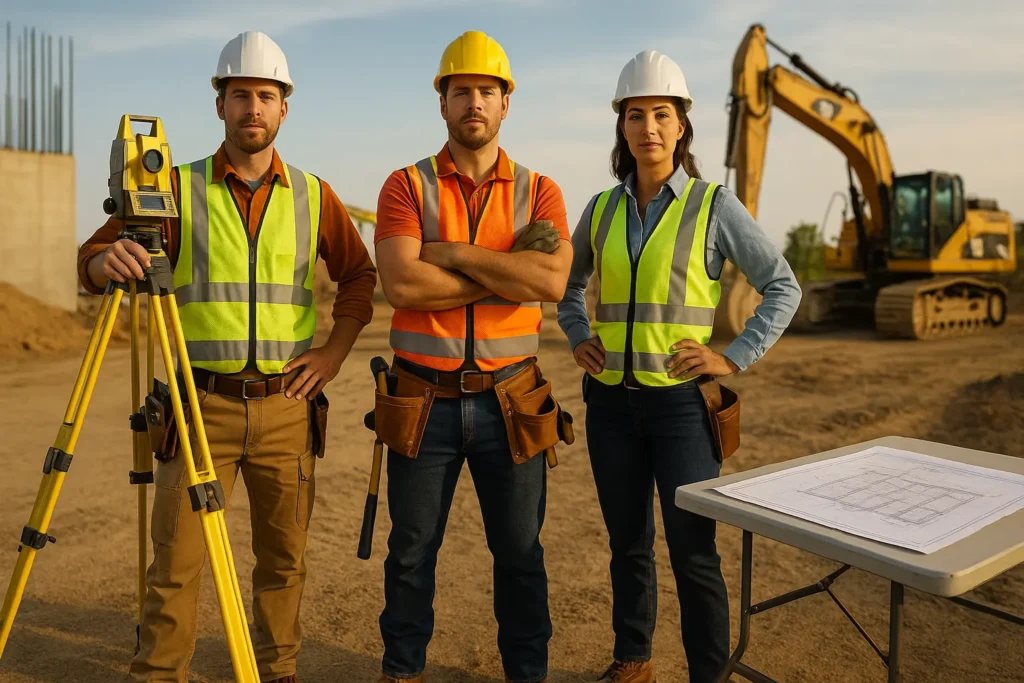 Main blog image with land surveyor, construction worker, and engineer wearing proper workwear on the job site.