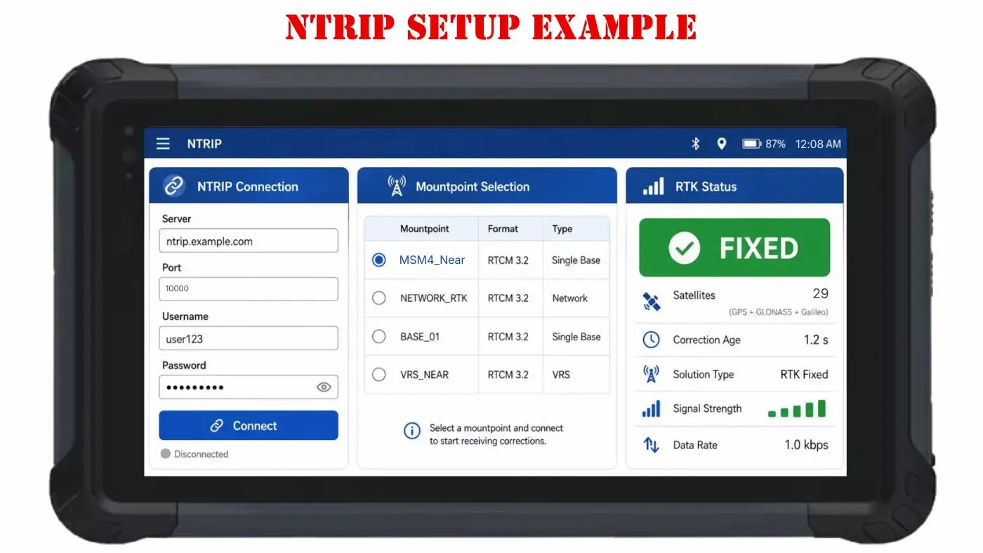 GNSS base station setup for RTK corrections with tripod, receiver, antenna height, and open sky view