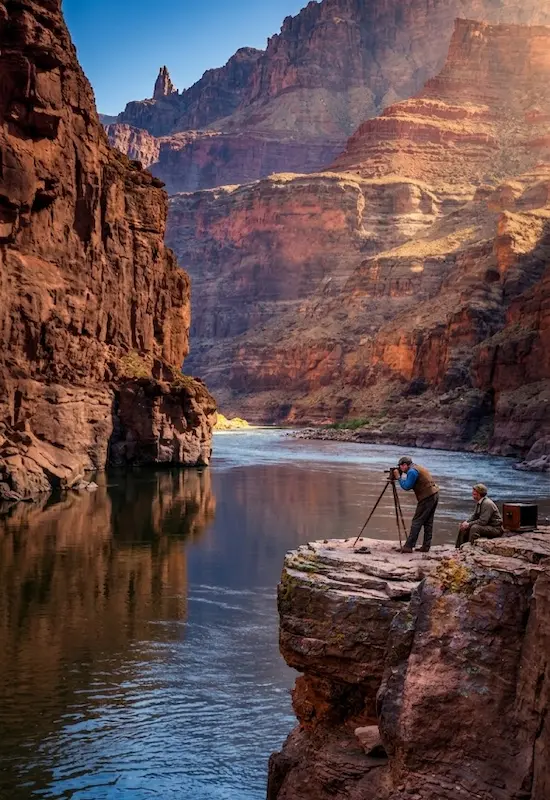 Historic land surveying expedition through the Grand Canyon with survey equipment and river boats